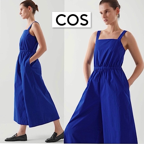 COS Wide Leg Jumpsuit in Brigh Blue Size 4 Smocked Cutout Back Sleeveless Retro - Picture 2 of 16